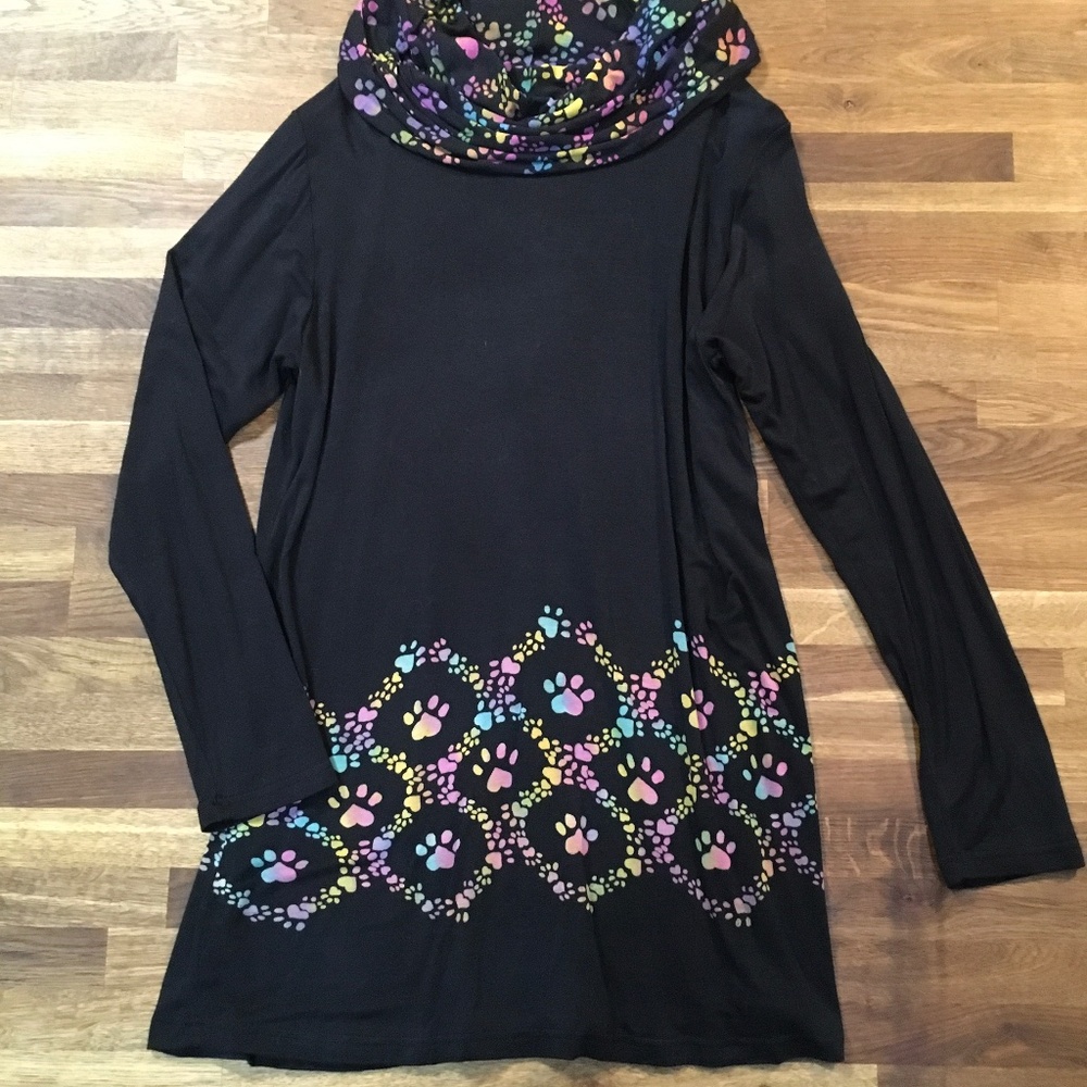 Super Cute Black long sleeve Tunic with Rainbow Paw Print